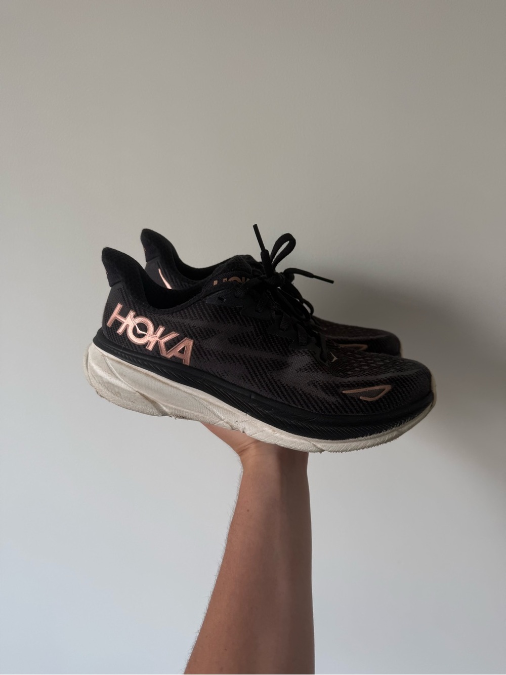 Hoka Black Women’s Running Shoes with Rose Gold Logo